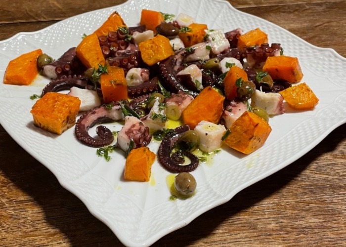 Polpo con patate dolci e olive taggiasche
