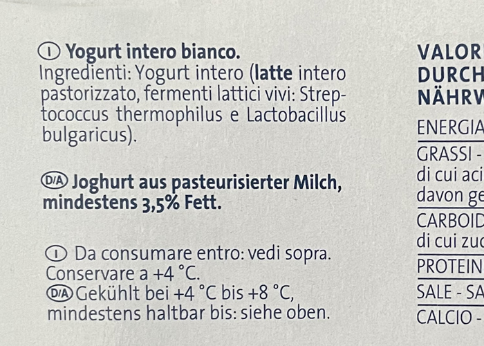 Ingredienti Yogurt